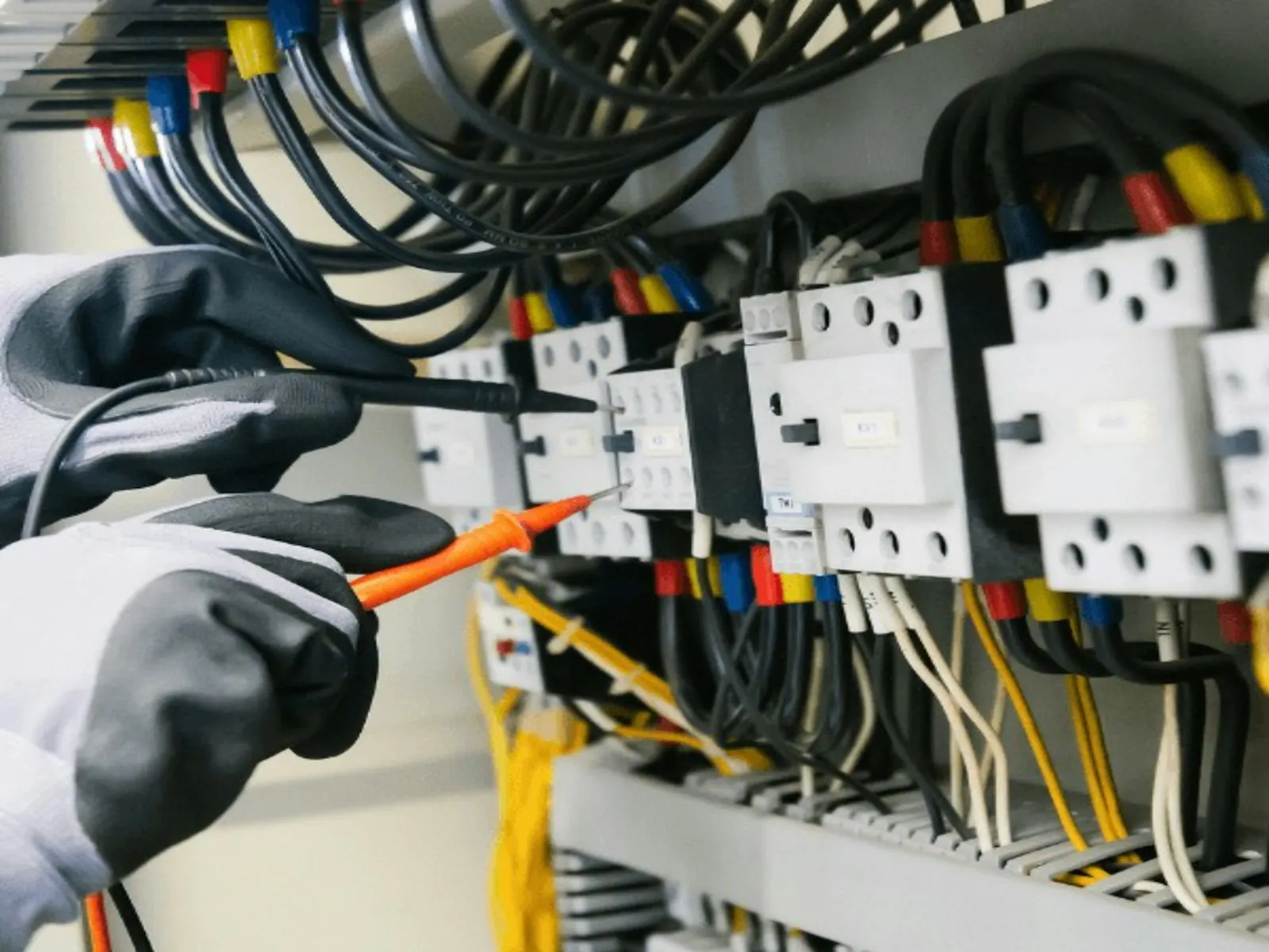 Électricien ganté intervenant sur un tableau en cours de câblage